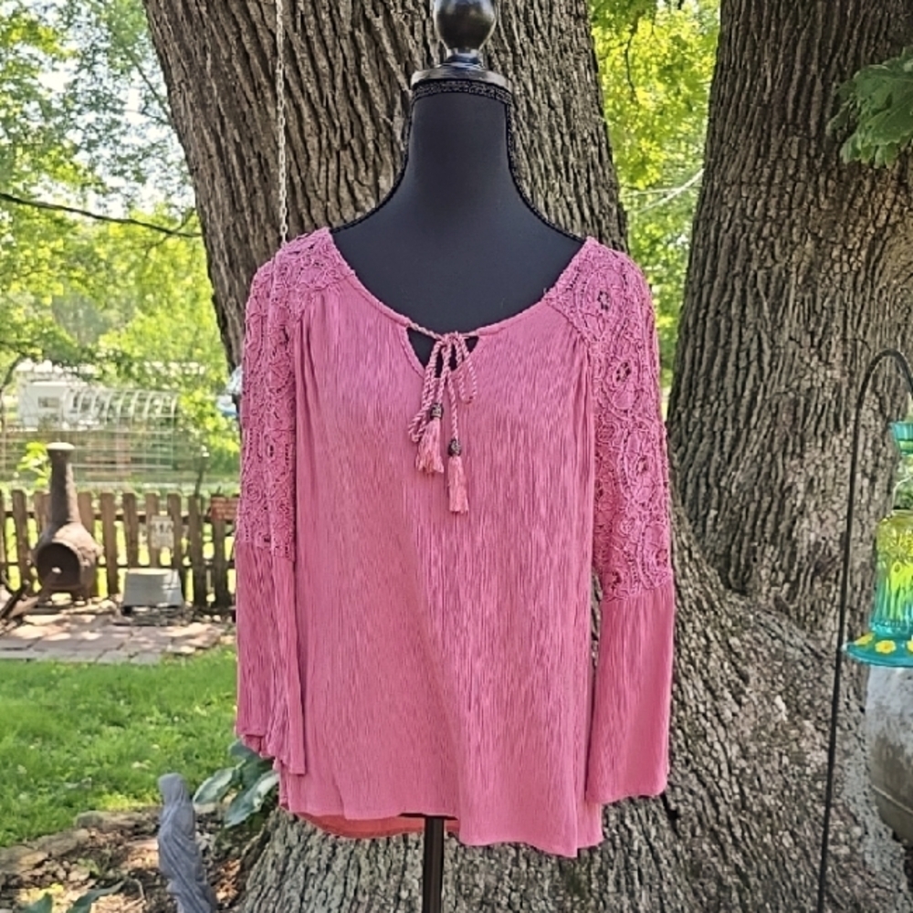 Maurices Pink Tie Front Long Sleeve Boho Blouse L